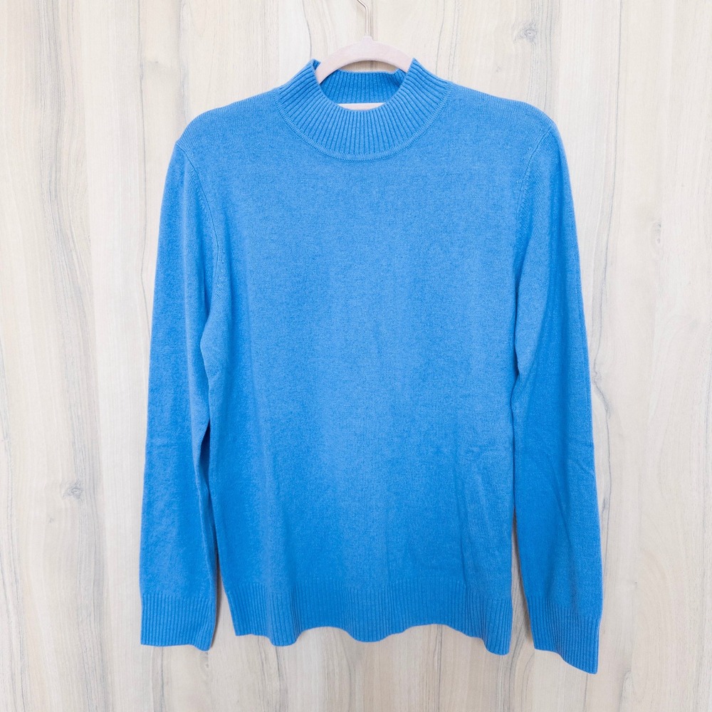 Norm Thompson Womens 100% Cashmere Sweater M Blue Mock Neck Quiet Luxury Preppy